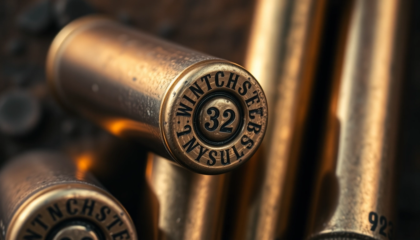 The 32 WIN cartridge prominently displayed with vintage rifle background, highlighting classic firearm ammunition features.