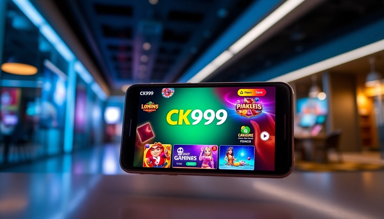 CK999 app highlighted on a smartphone with vibrant casino visuals, showcasing mobile gaming convenience for users.