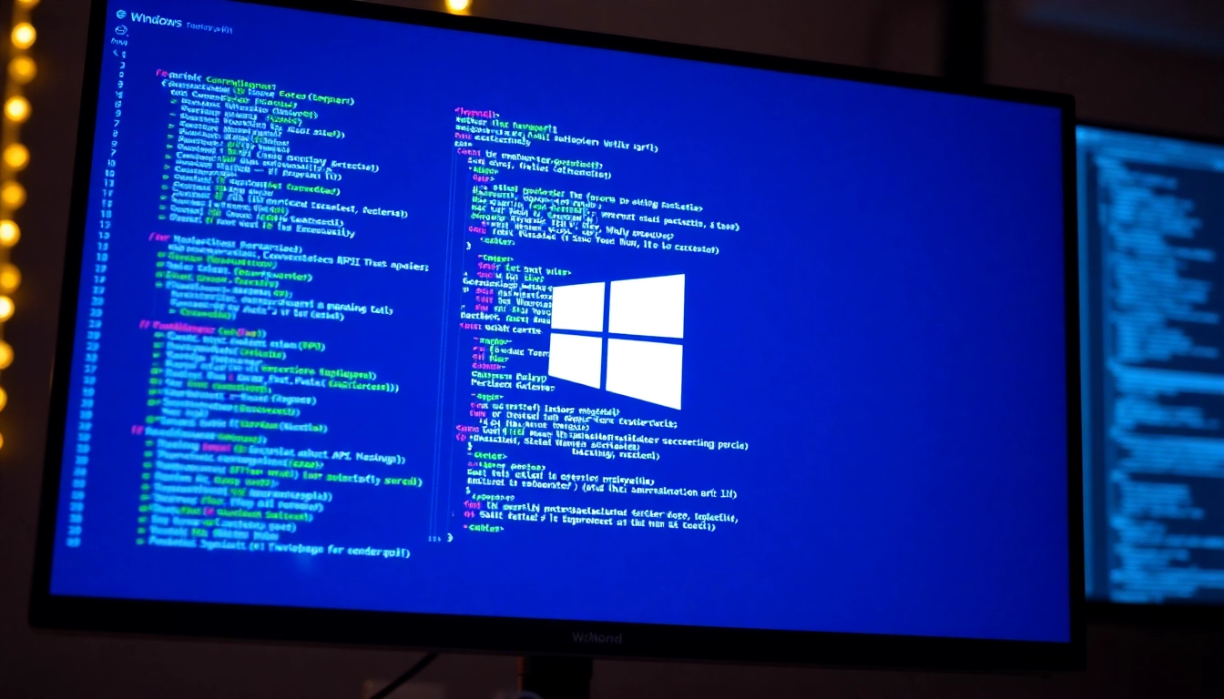 Visual depiction of https://32win.show/ showcasing Windows API integration in modern software development with code and user interface elements.