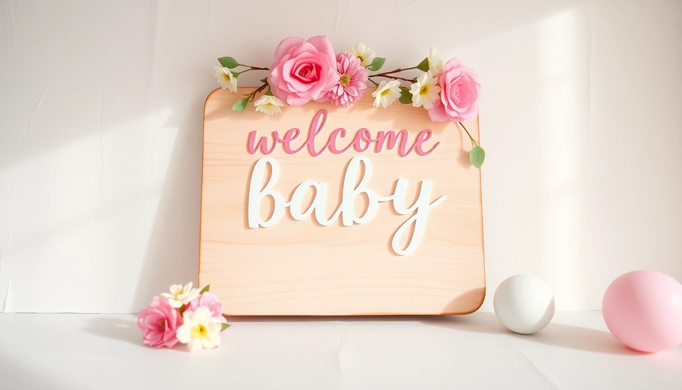 Vivid baby shower welcome sign with elegant lettering and floral design, perfect for greeting guests at a celebration.