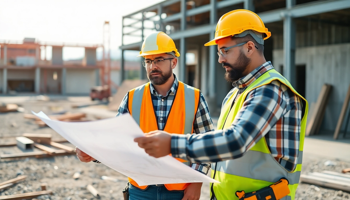 Experienced contractor inspecting construction plans on-site with safety helmet and tools for quality assurance.