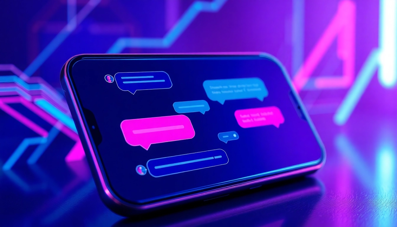 Close-up of a high-tech AI chat interface with vibrant neon colors, evoking intimacy and futuristic technology.