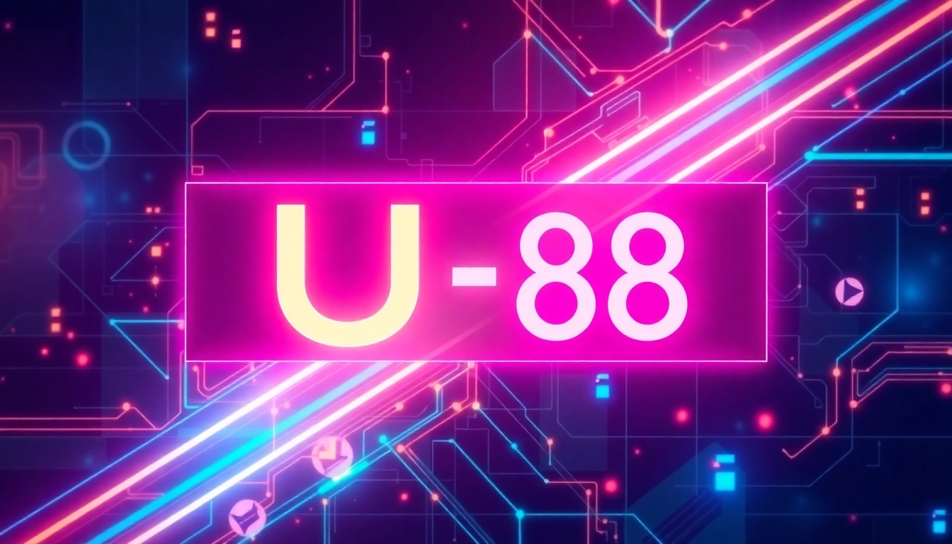 Professional abstract graphic featuring the phrase UU 88 highlighted in vibrant neon with futuristic design elements and dynamic lighting.