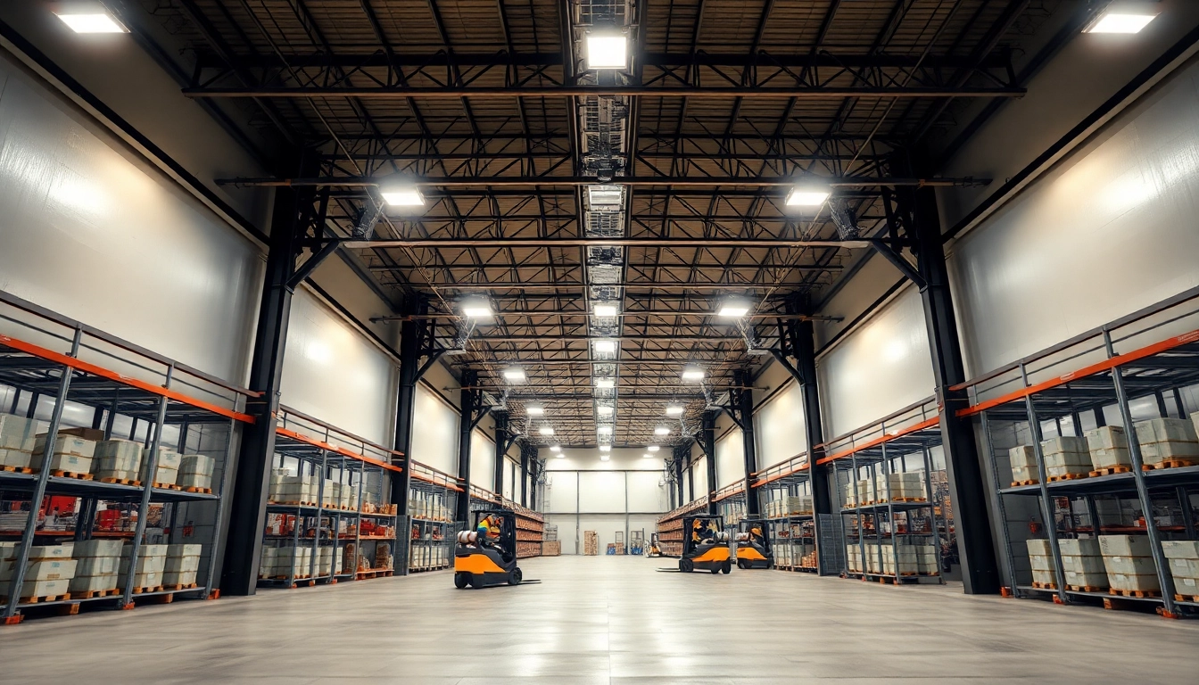 Moderne Industriehalle mit LED-Beleuchtung, helle Arbeitsbereiche und hohe Decke.