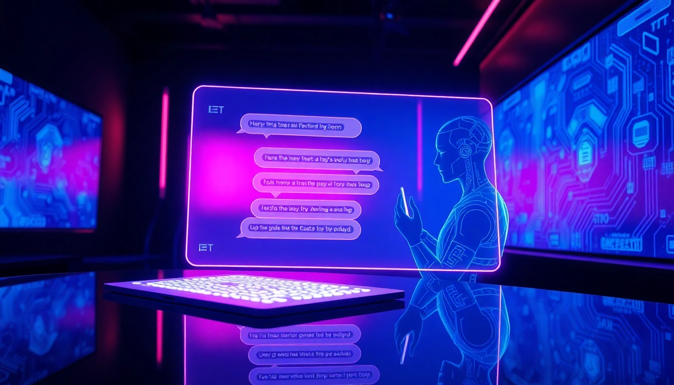 Futuristic AI chat scene with digital avatars and neon-lit environment emphasizing immersive, emotion-rich NSFW interactions.