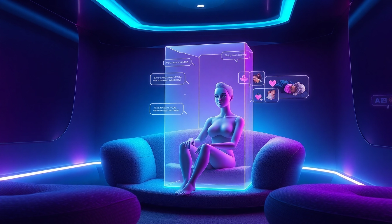 Futuristic digital scene of an AI chat environment with a holographic AI girlfriend and vibrant visuals
