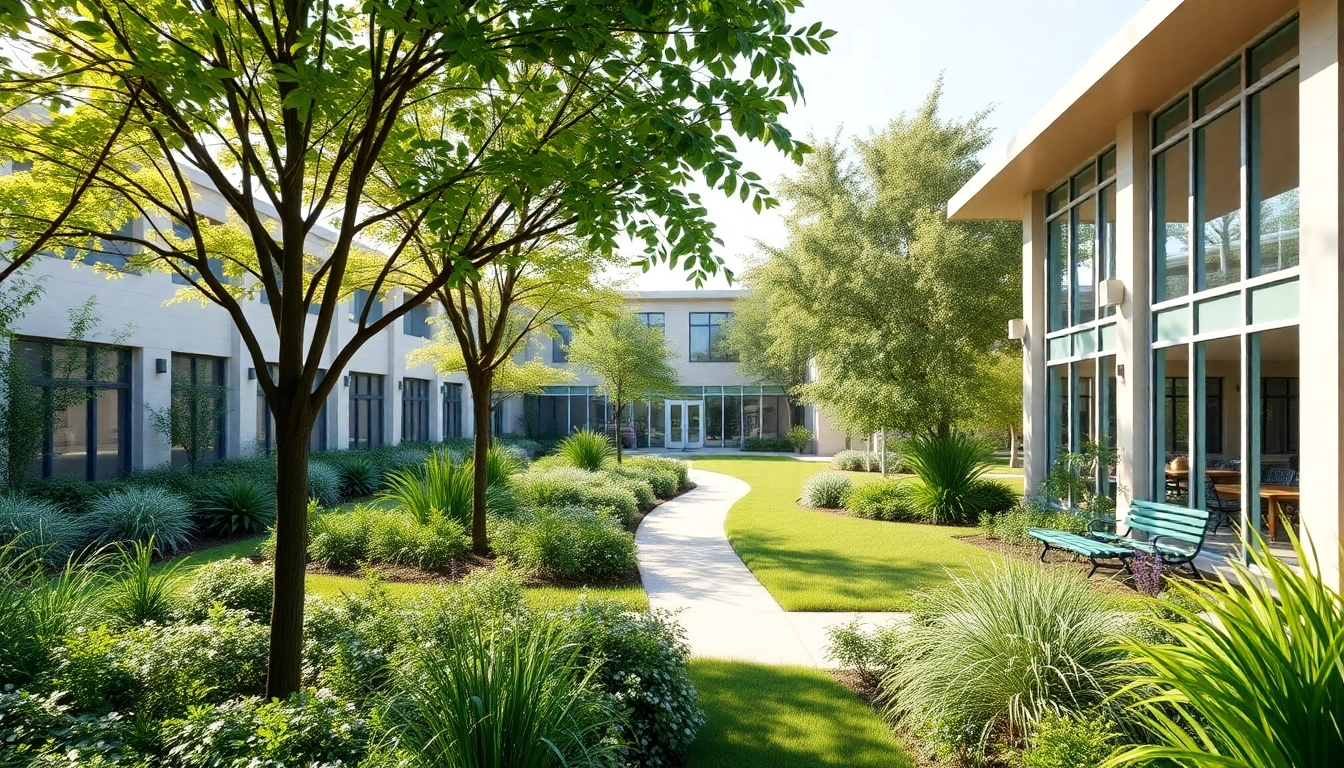 External view of a professional rehabilitation center nestled in green surroundings, emphasizing care and healing facilities for patients seeking recovery.
