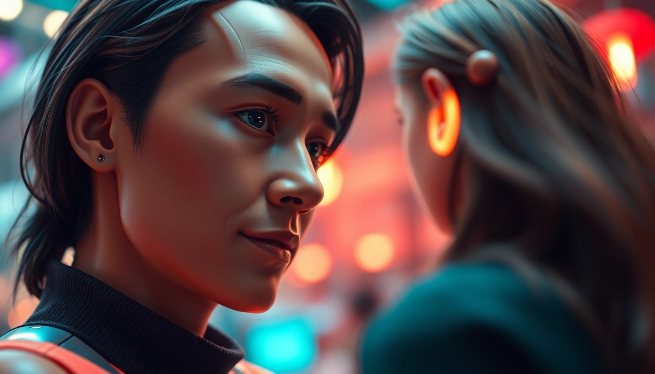 Realistic AI character in an immersive digital environment, emphasizing expressive features and warm lighting.