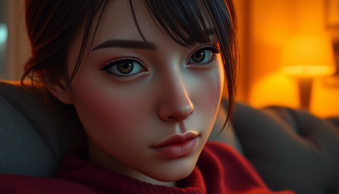 Realistic AI character with expressive eyes in a warm, intimate setting