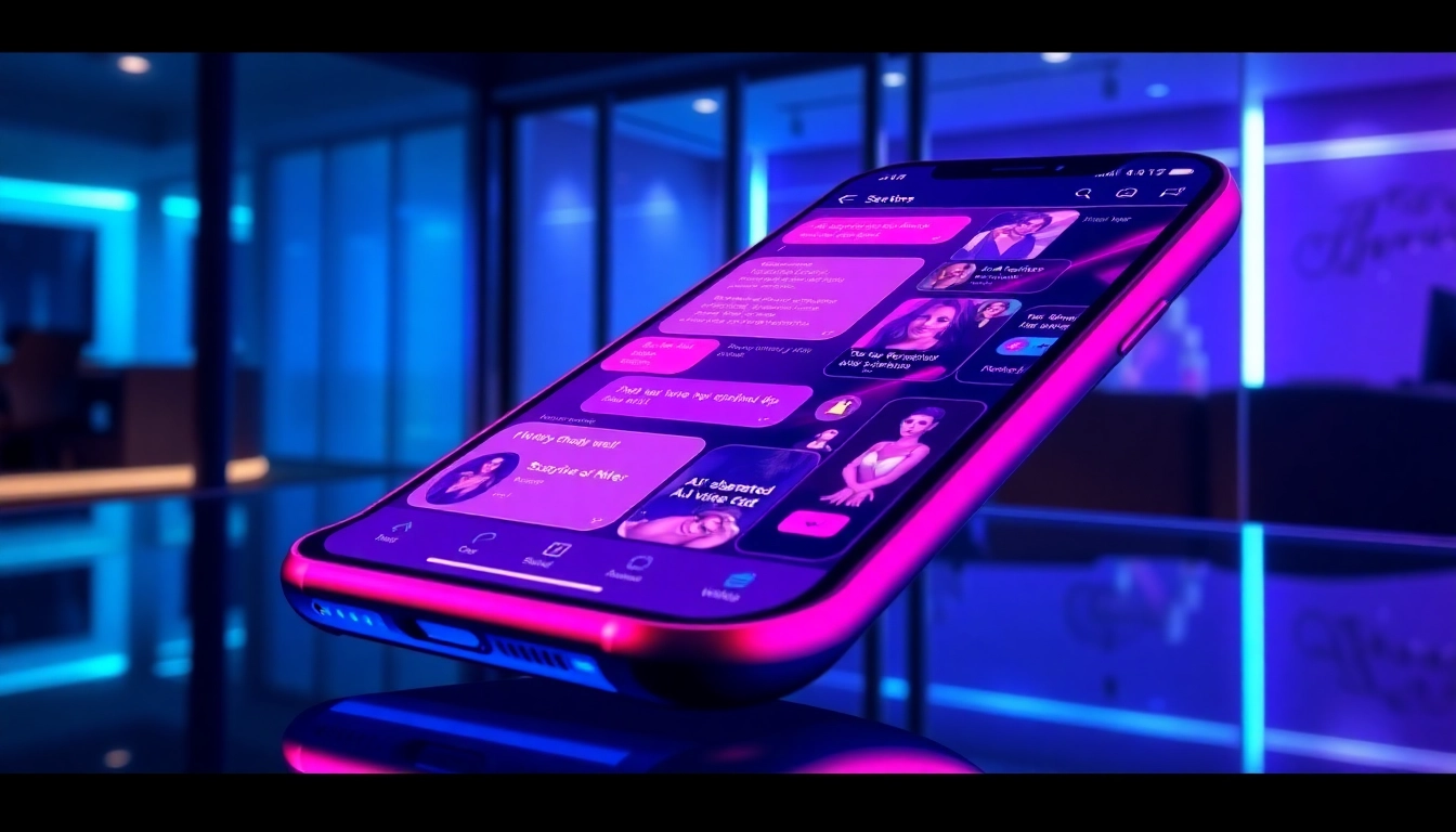 Close-up of a smartphone displaying an AI sexting app with vibrant neon visuals and customizable avatars.