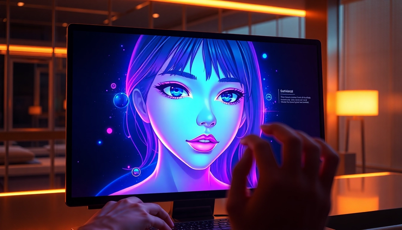 Futuristic AI interface with anime-inspired avatar glowing in a modern tech setting.