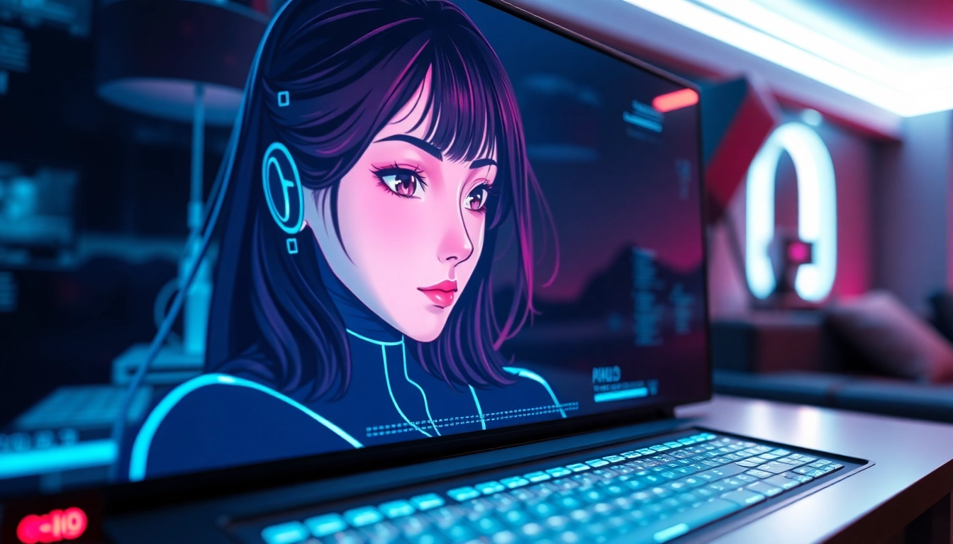 An AI girlfriend interface on a futuristic digital screen with anime-inspired features, glowing softly in a dimly lit, neon-accented room.
