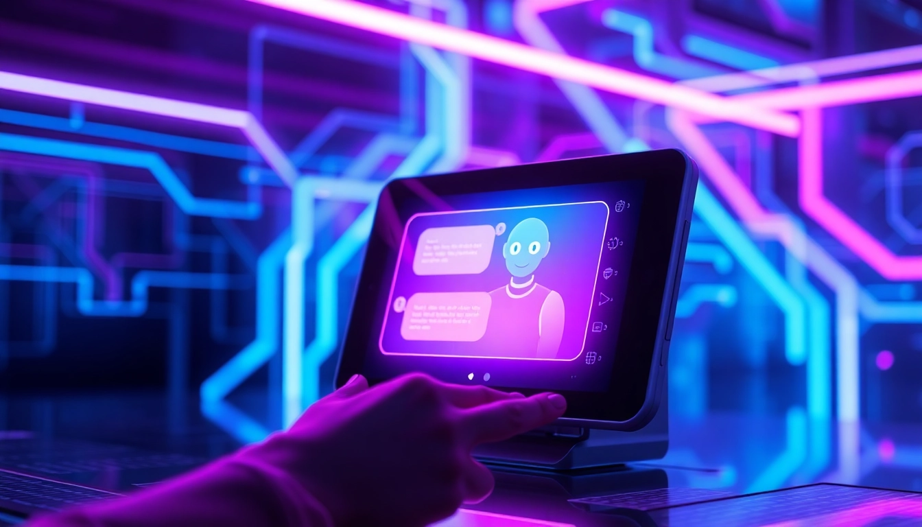 An advanced AI chatbot interface displayed on a modern screen with neon accents, set in a high-tech environment.