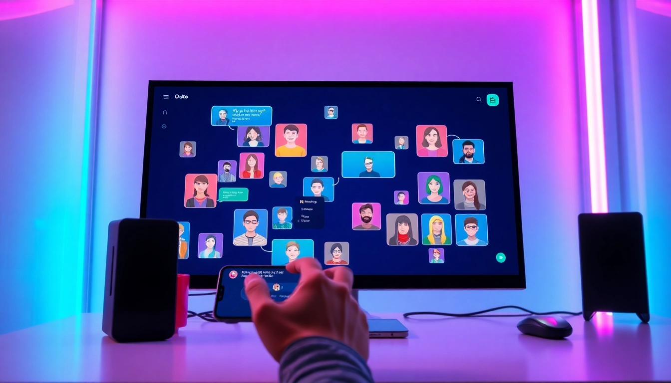 A futuristic digital interface with customizable AI characters on screens, showcasing vibrant chat interactions in a modern setting.