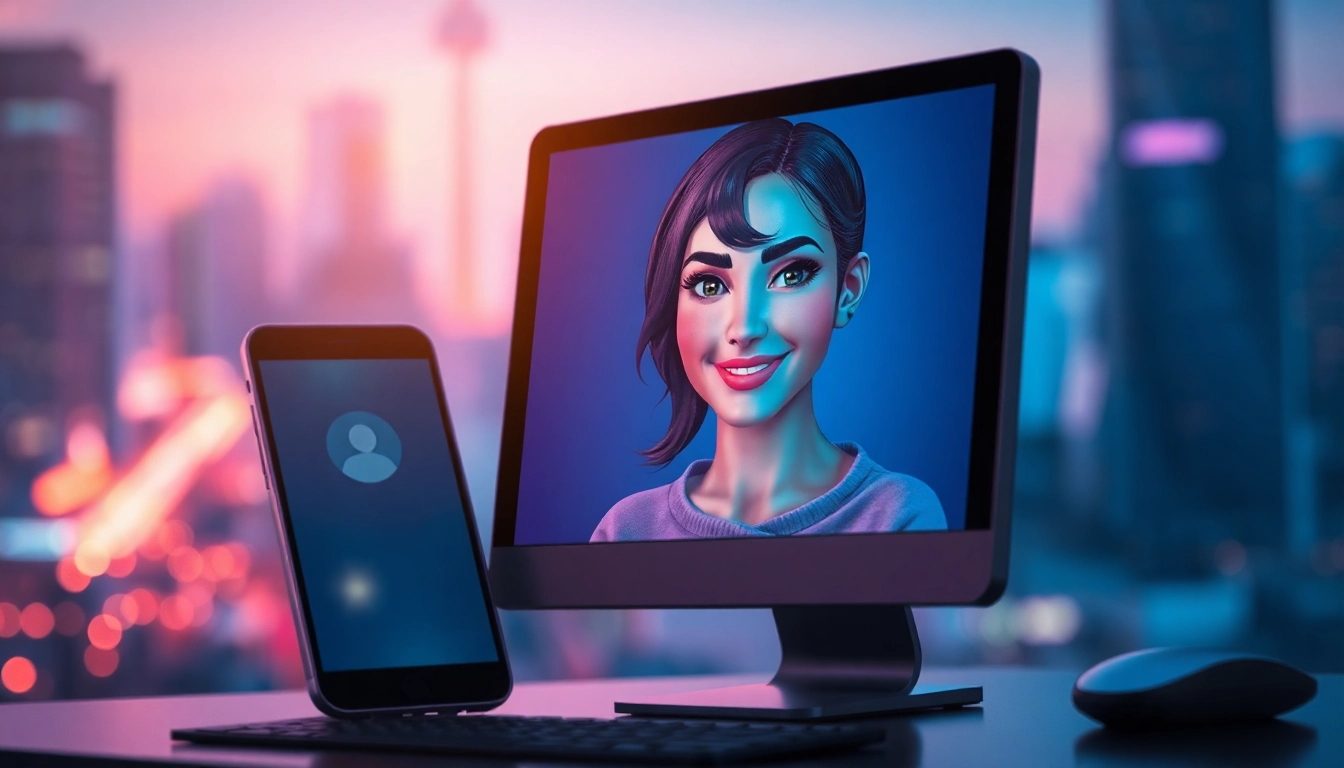 Close-up of a smartphone and computer screen showing a friendly AI character in a neon-lit cityscape at dusk.