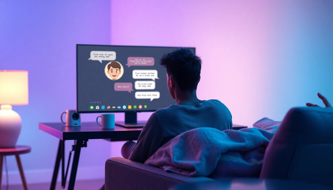 An adult using a laptop with a chat interface displaying a friendly AI character in a cozy, softly lit room.