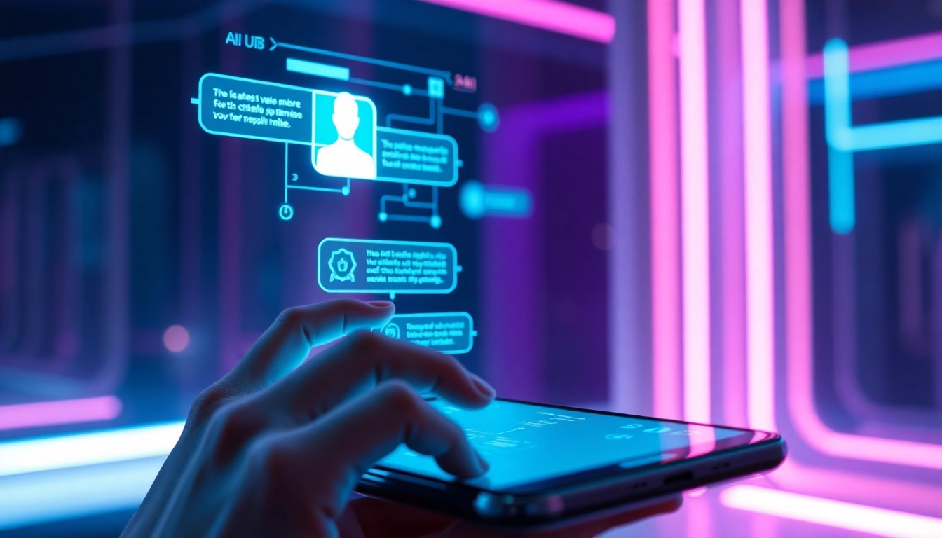A futuristic scene of a user interacting with a holographic AI chatbot interface in a high-tech environment.