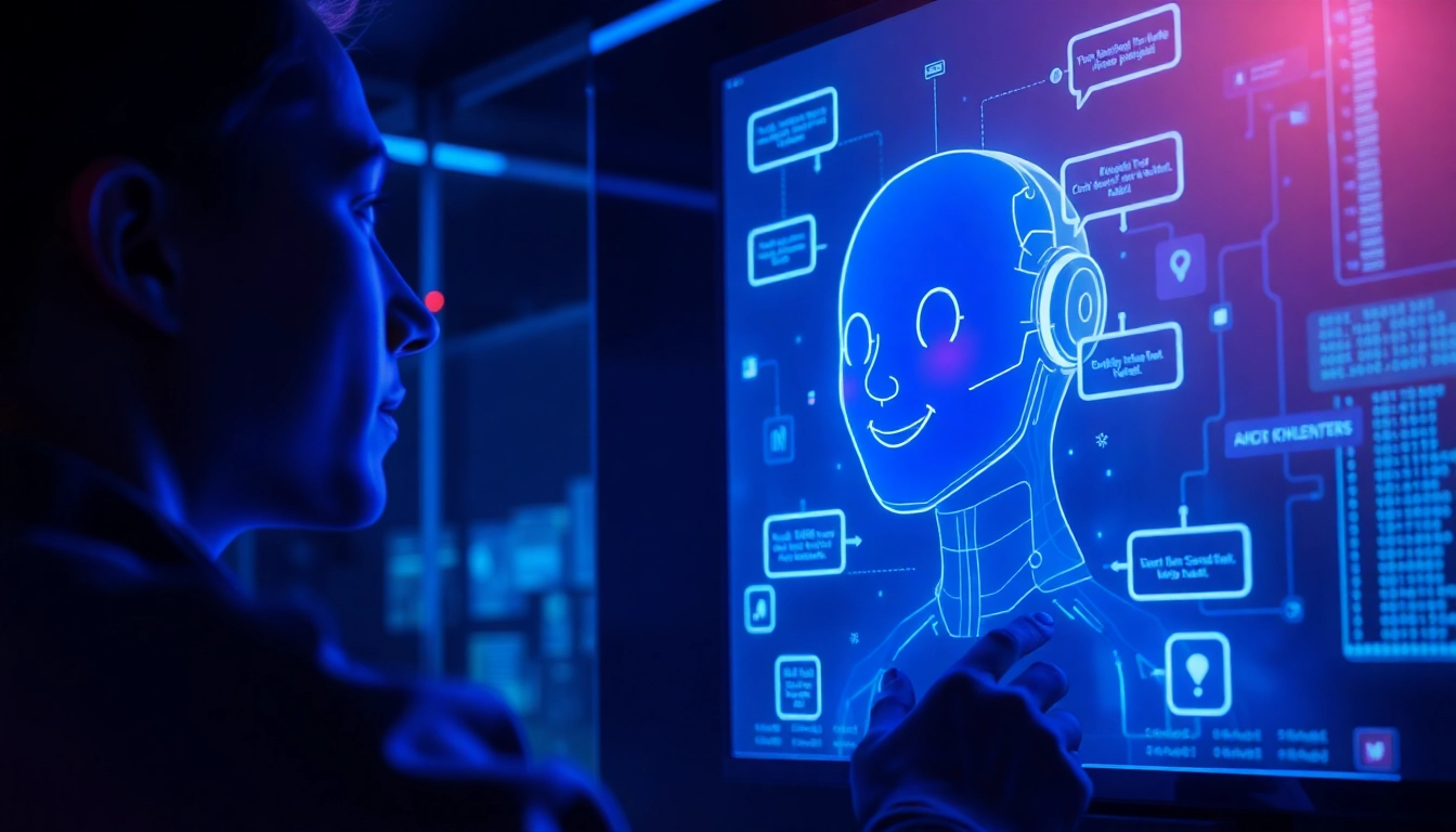 Futuristic AI interface with holographic characters engaging in conversation in a high-tech environment.