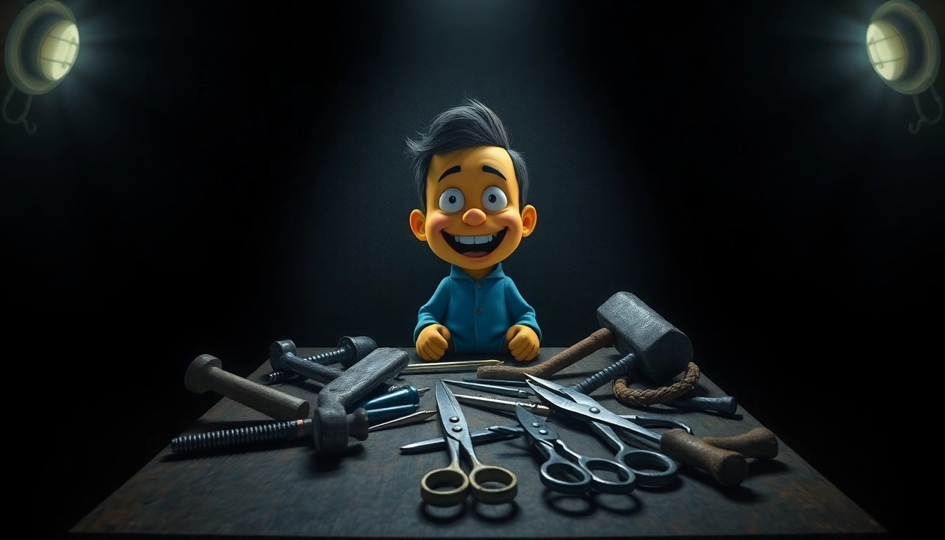 A disturbing scene with Harvey, a cheerful cartoon character, surrounded by violent tools in a dark, tense setting.