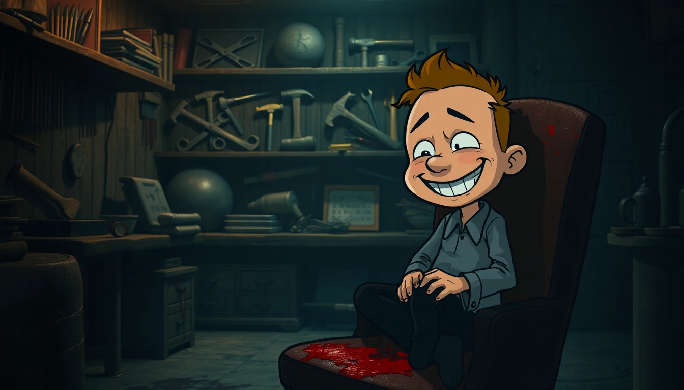 A disturbing scene of Harvey, a cheerful character, suffering in a dark, ominous room with threatening tools on shelves, highlighting moral conflict and psychological horror.