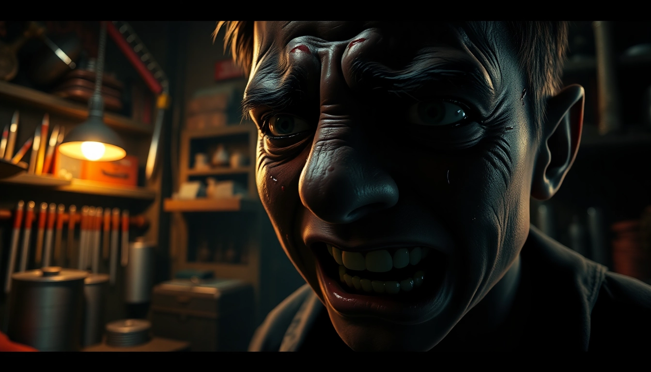 Distressed Harvey showing pain and fear, with a dark, gritty background of violent tools.