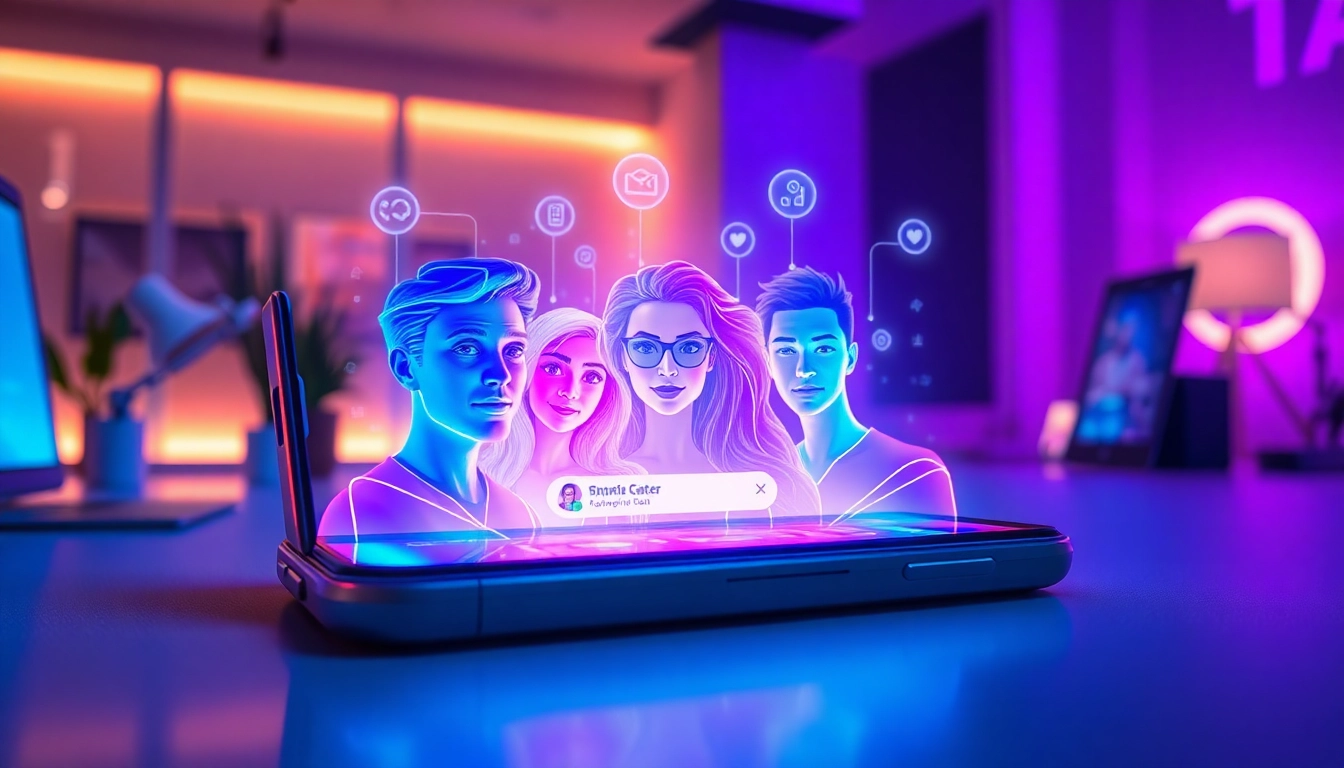 Futuristic chat interface with holographic AI characters emerging from a sleek mobile device in a modern workspace.