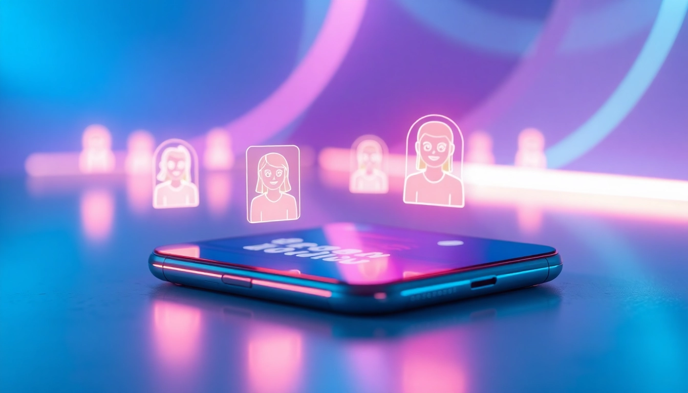 Futuristic smartphone displaying holographic AI chat characters in a high-tech environment.