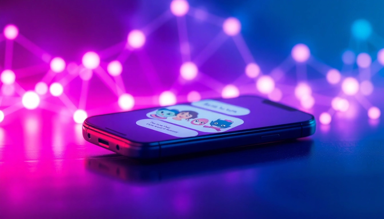 Futuristic smartphone displaying playful AI chat characters with a digital network background.