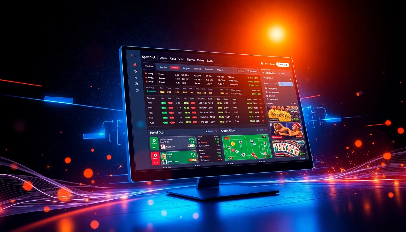 An illustration of an online sportsbook and casino interface with vibrant colors and dynamic digital elements.