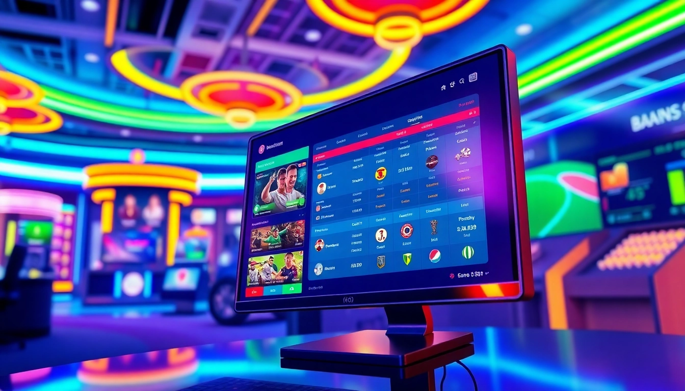 An illustration of an online sports betting platform with vibrant colors and lively interface elements.