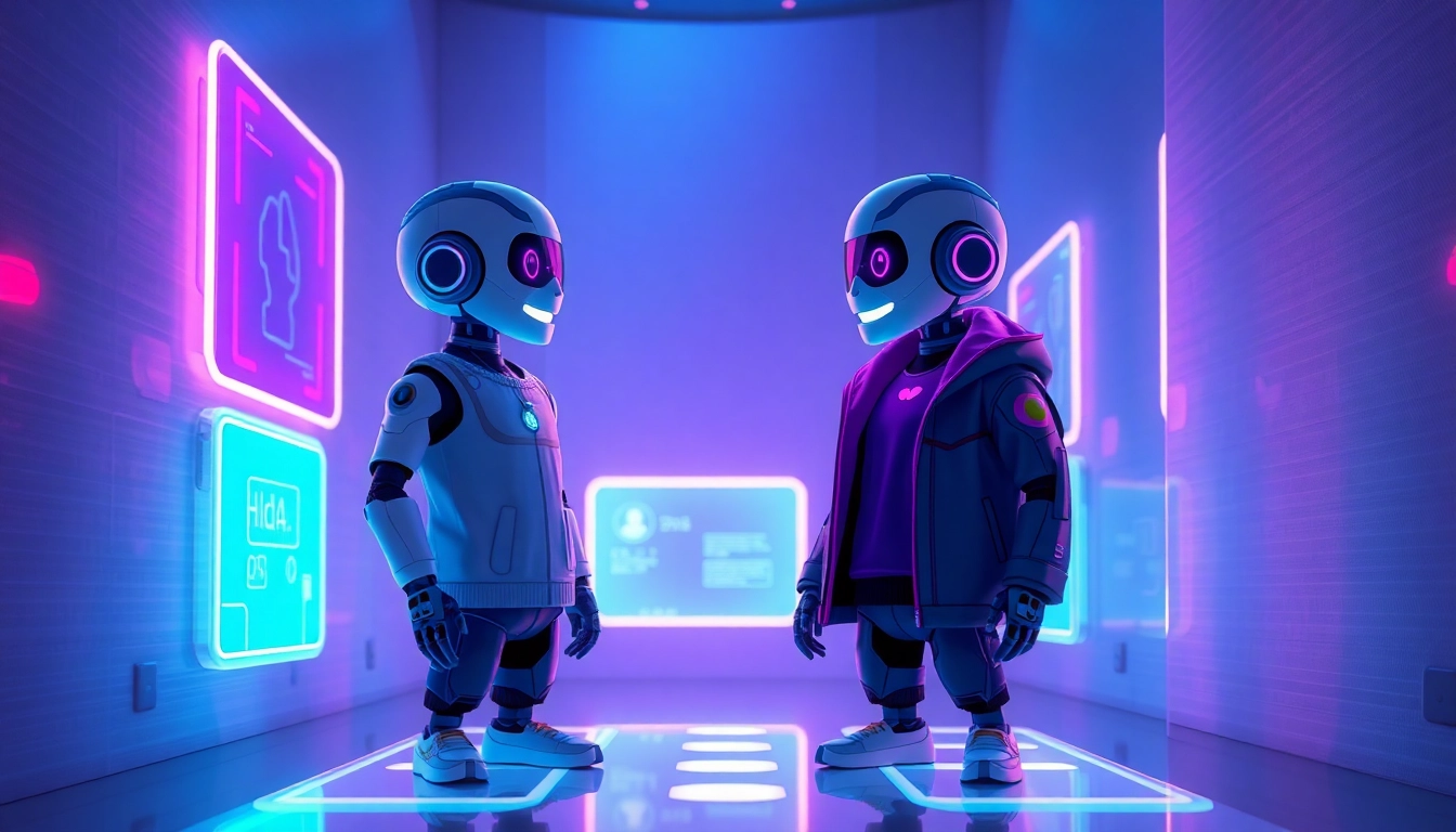 Futuristic scene of two AI characters interacting in a high-tech virtual environment with neon lights and holographic interfaces.