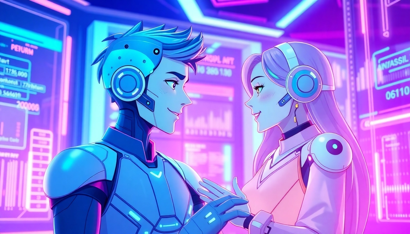 Futuristic digital art of two AI characters engaging in conversation within a neon-lit, high-tech environment.