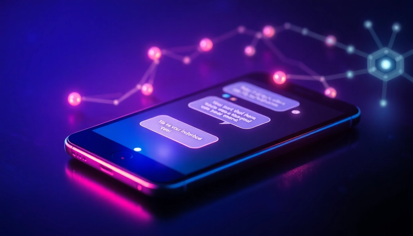Close-up of a futuristic AI chatbot interface on a device screen with glowing text bubbles and holographic data streams.