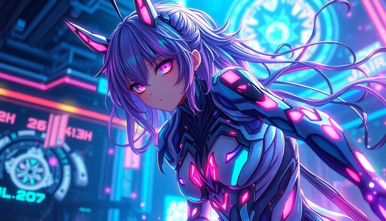 AI hentai generator crafting a realistic anime character in dynamic pose with vibrant colors and detailed background, emphasizing customization and realism.