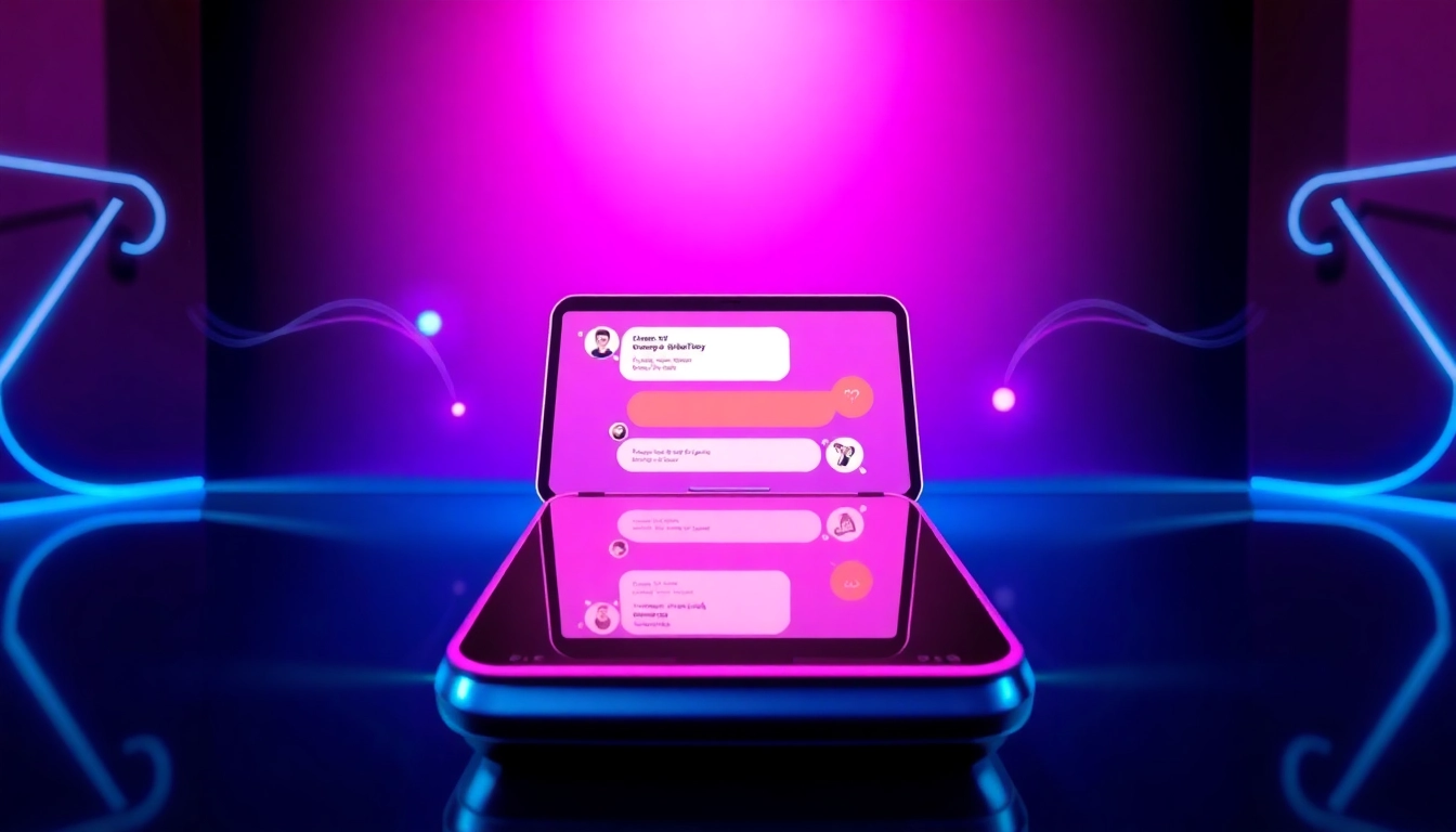 A high-tech device with a colorful chat interface on a vibrant, futuristic background, highlighting AI interaction and digital intimacy.