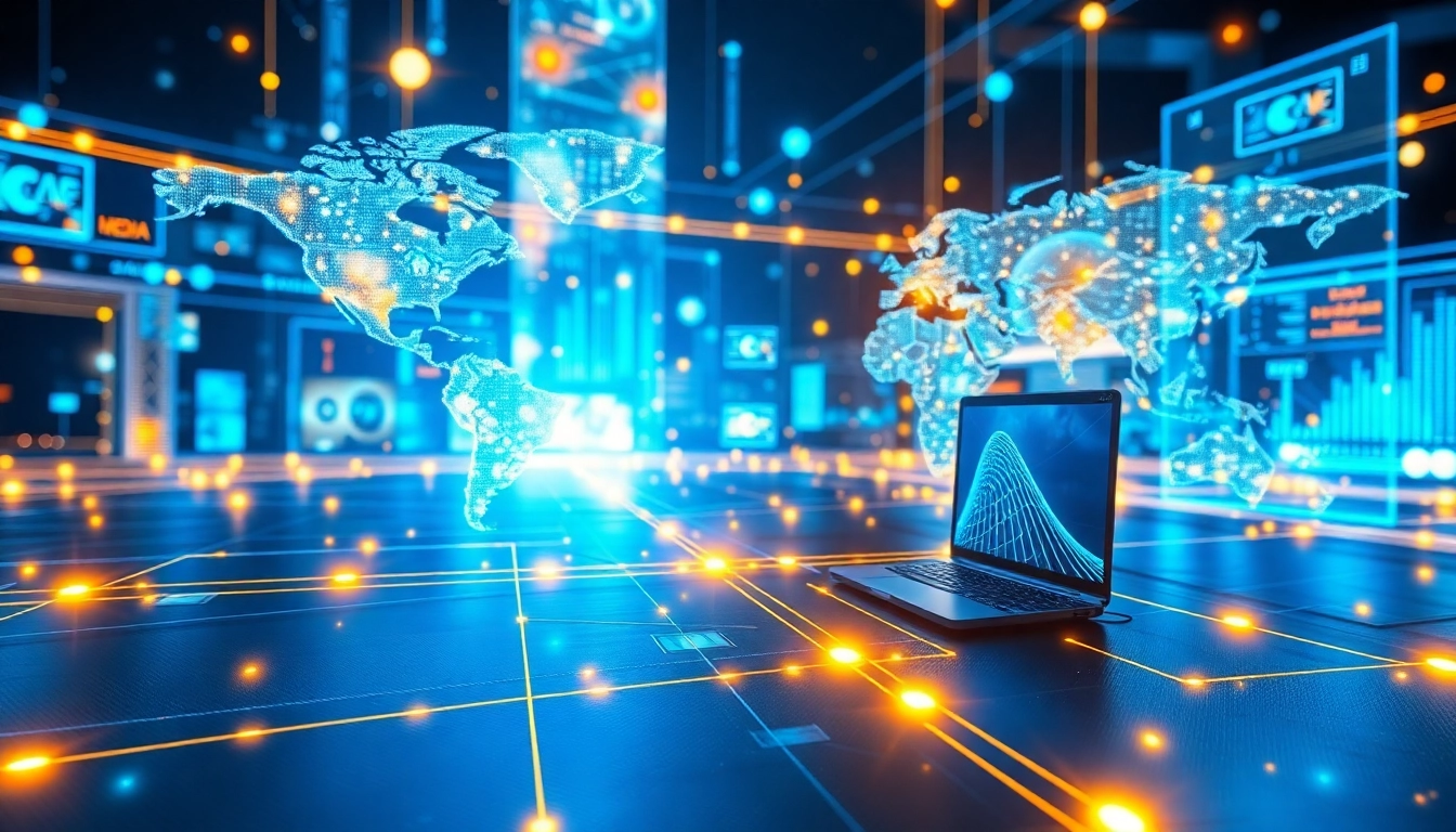 Accurate depiction of https://kjcpc.net/ as an innovative international media alliance connecting global platforms through vibrant, high-tech graphics emphasizing connectivity and modern style for accessibility and engagement.