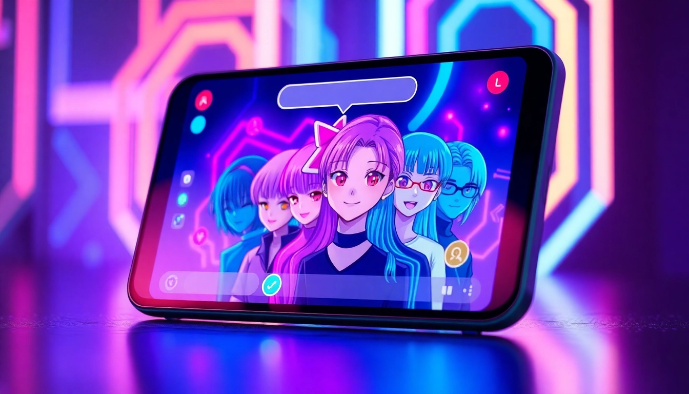 Anime-style characters interacting with a high-tech AI chatbot interface on a neon-lit digital device.
