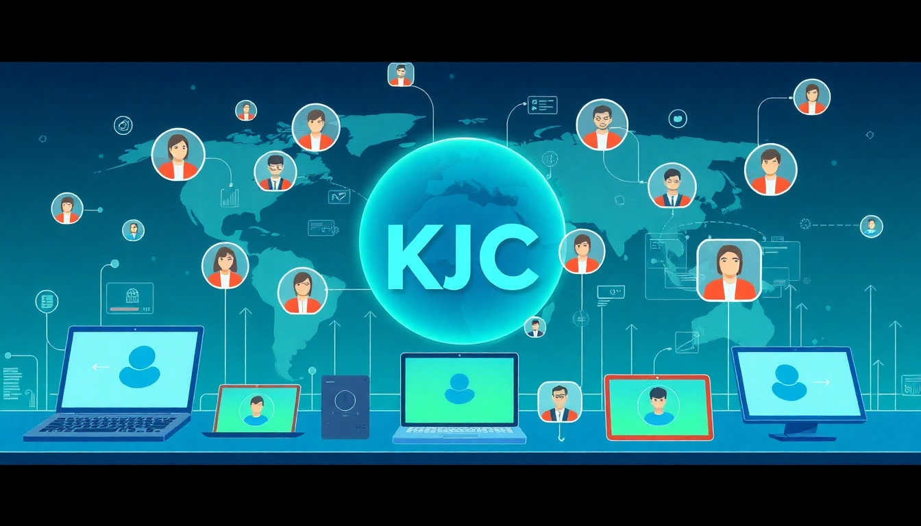 See https://kjcm.net/ showcasing KJC's global digital ecosystem with interconnected technology and user engagement for a futuristic look.