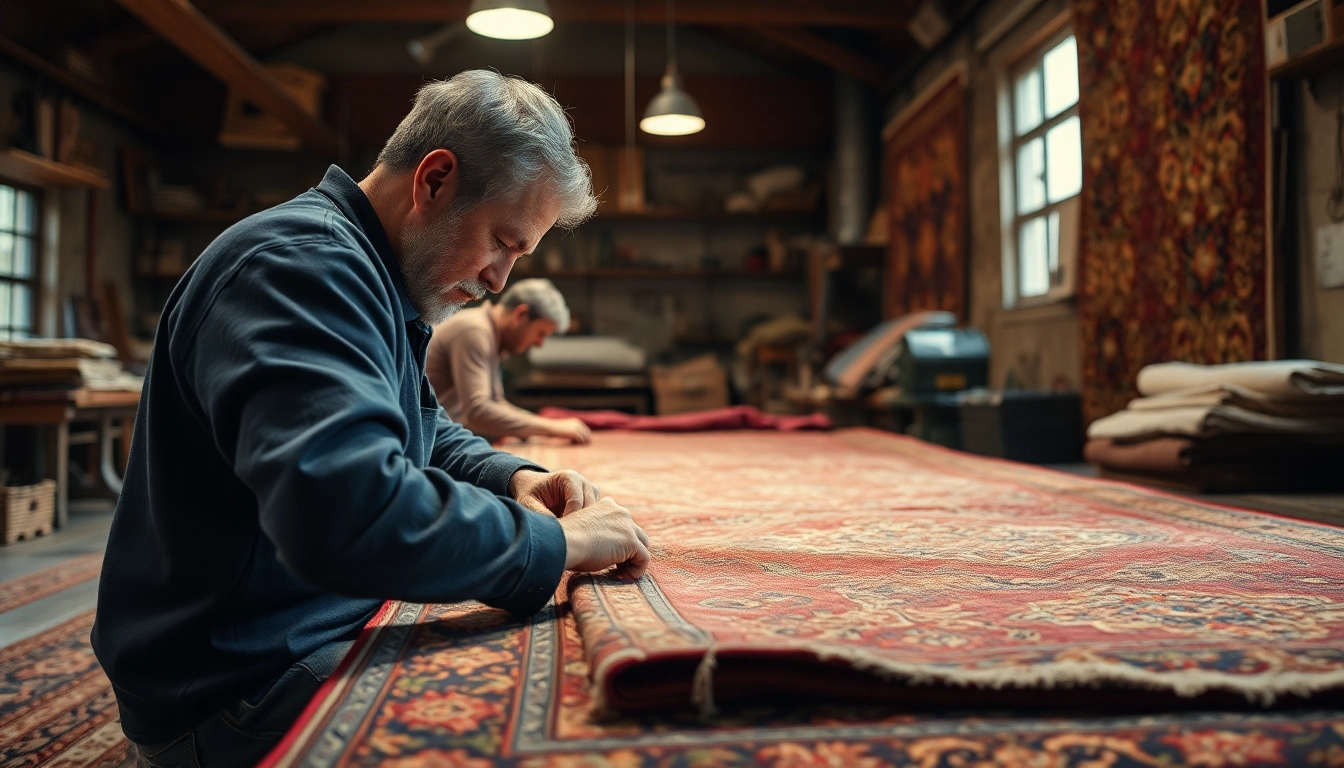 Professional artisans performing Restauro Tappeti Milano in a detailed workshop, showcasing