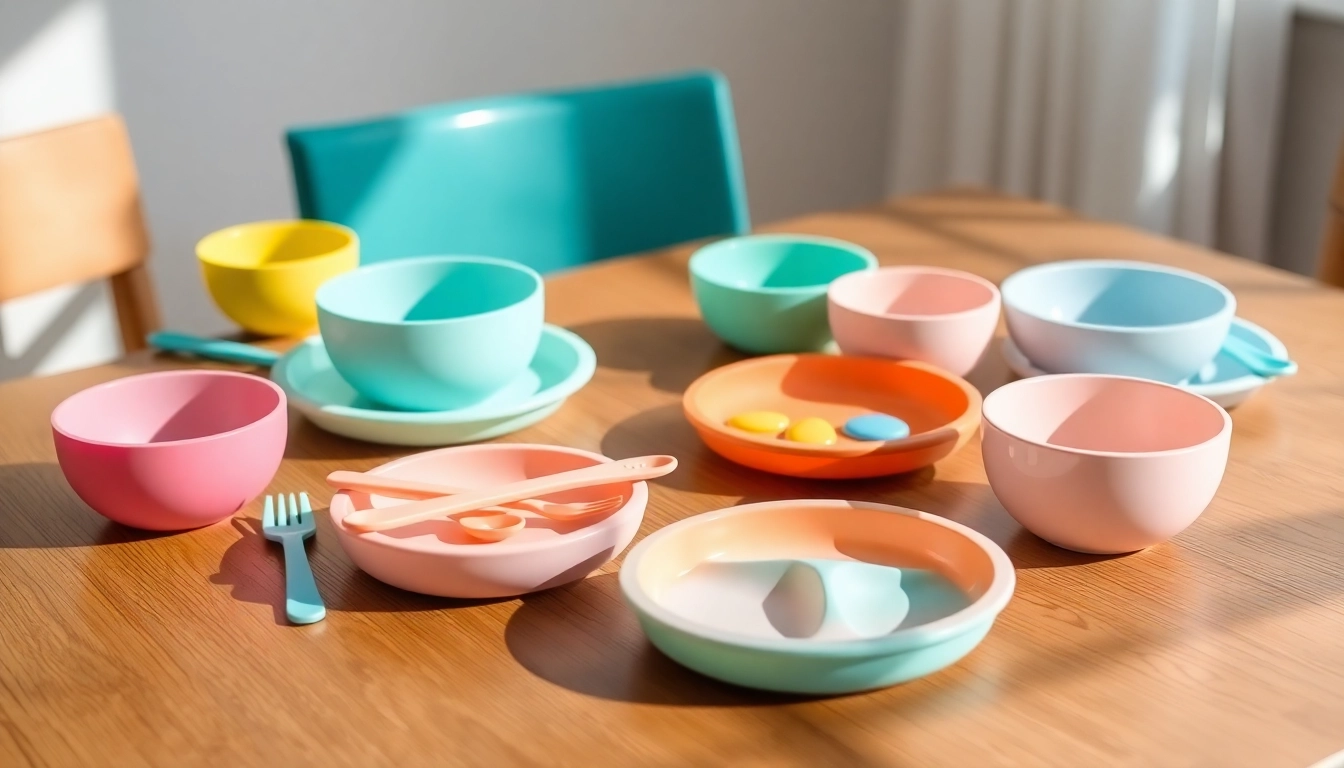 Baby feeding set for weaning includes silicone plates and bowls in pastel colors designed for