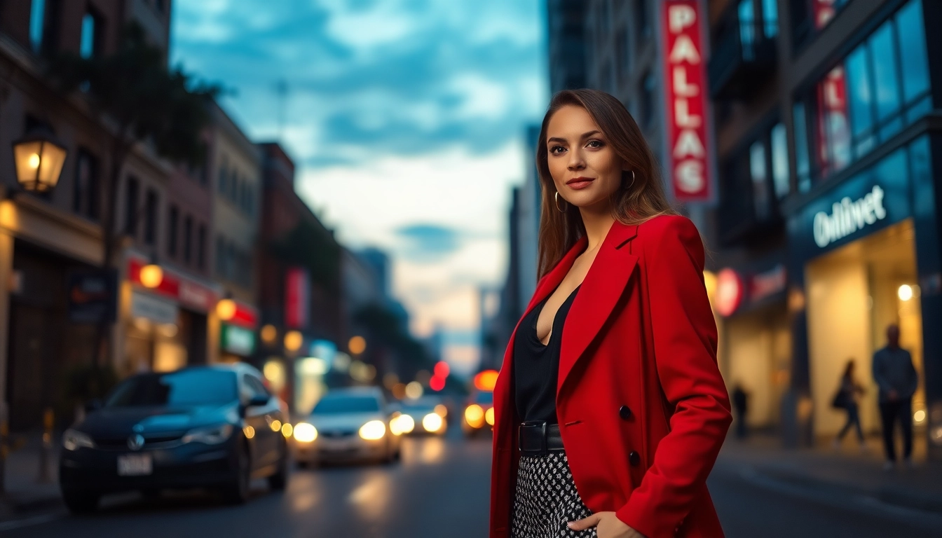 Professional standing confidently on city street during evening, urban setting, appealing and