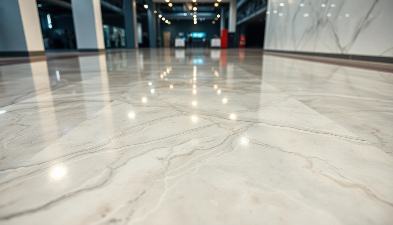Professional epoxy resin floor coating with a high-gloss marble look for industrial settings