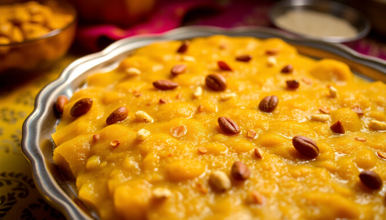 Ready to Eat Moong Dal Halwa served in a bowl with garnishes, emphasizing rich texture and